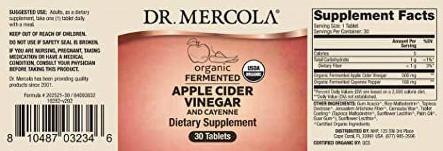 Dr. Mercola, Organic Fermented Apple Cider Vinegar and Cayenne Pepper, 30 Servings (30 Tablets), Supports a Healthy Metabolism, Non GMO, Soy Free, Gluten Free, USDA Organic