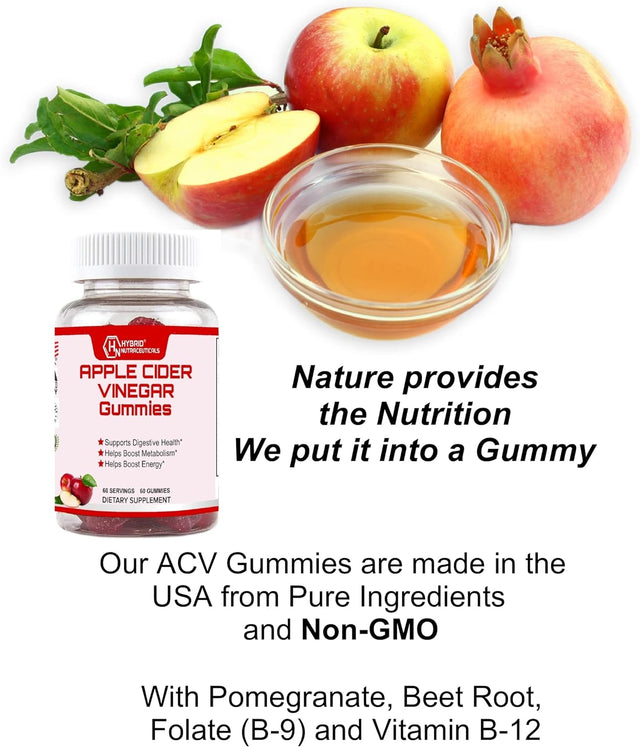 Hybrid Nutraceuticals Apple Cider Vinegar Gummies - Helps Detox & Cleanse, Boost Metabolism - Vitamins B-9, B-12, Pomegranate, Beet Root Juice - Good Keto ACV Gummies - 60 Gummies