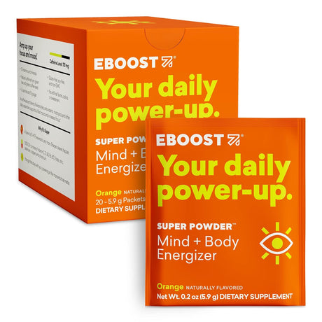 EBOOST Energy Drink & Electrolyte Powder, 20 Packets - Super Powder Orange with No Added Sugar - Essential Blend of Vitamins, Nootropics & Natural Caffeine and Hydration - Pre & Post Workout