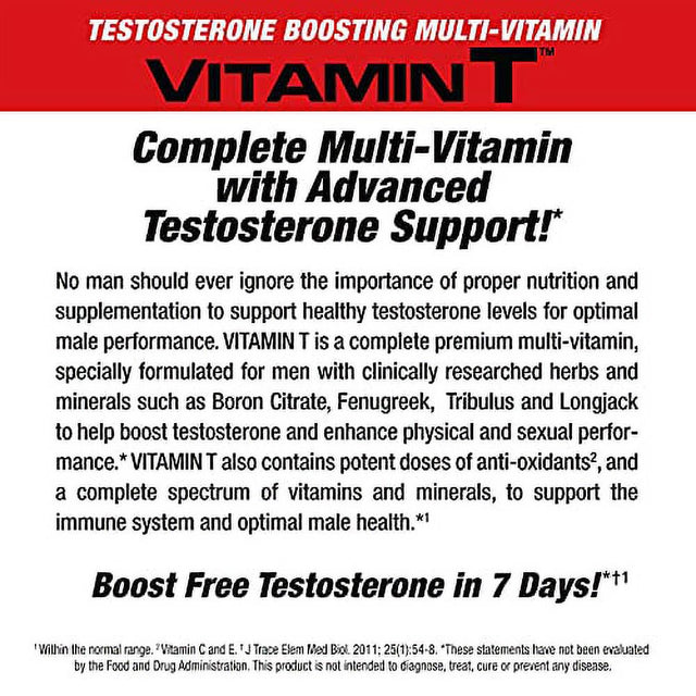 Musclemeds Vitamin T Daily Complete Multivitamin for Men Enhances Testosterone Muscle Building Sexual Performance 20 Vitamins Minerals Fenugreek Tribulus Longjack, Brown, 90 Count