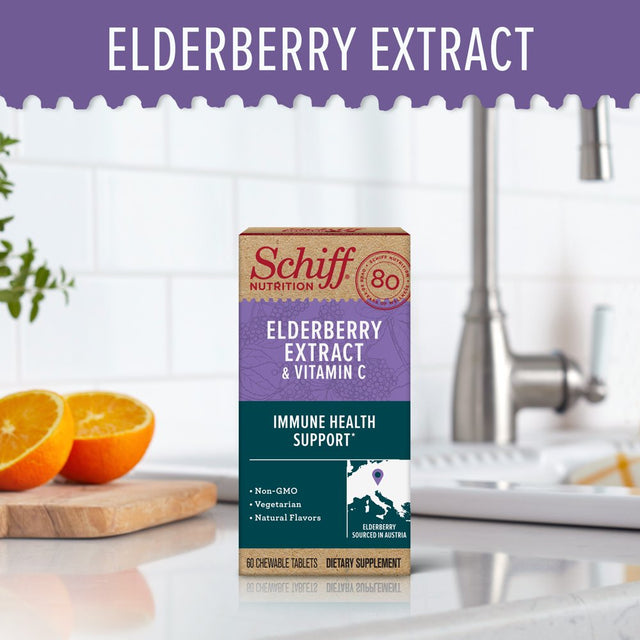 Schiff Elderberry Extract & Vitamin C Chewable Tablets (60 Count), Vegetarian & Non-Gmo Supplement with Natural Flavors, Helps Support a Healthy Immune System٭