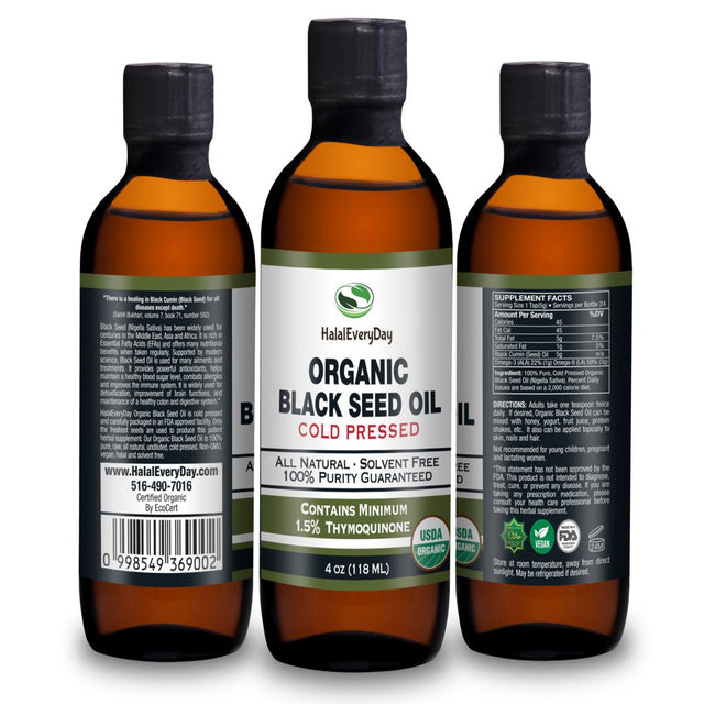 Halaleveryday Black Seed Oil 4 Oz (118Ml) - USDA Organic 100% Pure & Natural Cold Pressed Cumin Nigella Sativa