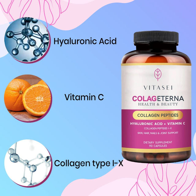 Vitasei Colageterna Collagen Peptides Capsules, Keto Pills Brain Booster Supplement W/Hyaluronic Acid, Vitamin C, Hydrolyzed Collagen Proteins for Healthy Skin, Gut Health & Joints, 90 Capsule (3Pack)