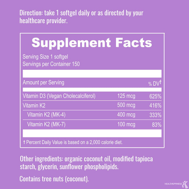 Liposomal Vegan Vitamin D3 K2 Softgels, 5 Month Supply, Certified Vegan Vitamin D3 5000 IU plus 500 Mcg Vitamin K2 MK4 & MK7