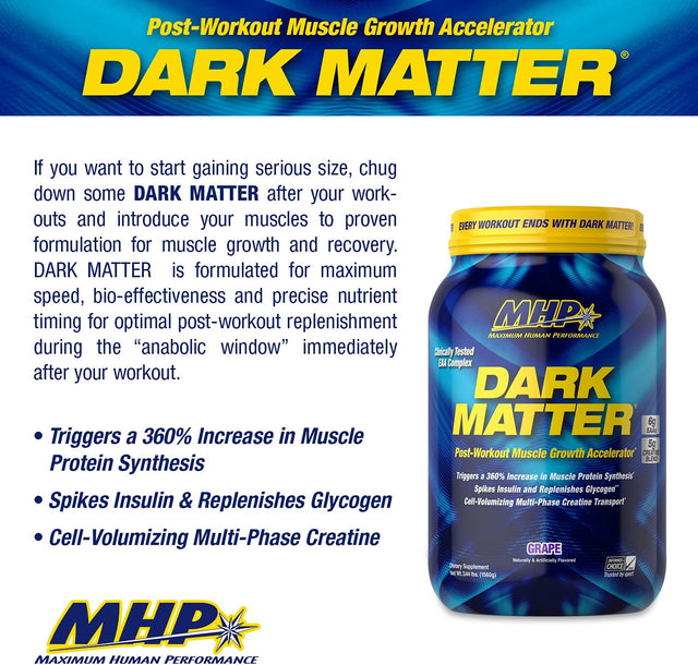 Maximum Human Performance MHP Dark Matter Post Workout, Muscle Building, Recovery, Multi Phase Creatine, Waxy Maize Carbohydrate, 6 G Eaas, Grape, 20 Servings, 55.04 Oz