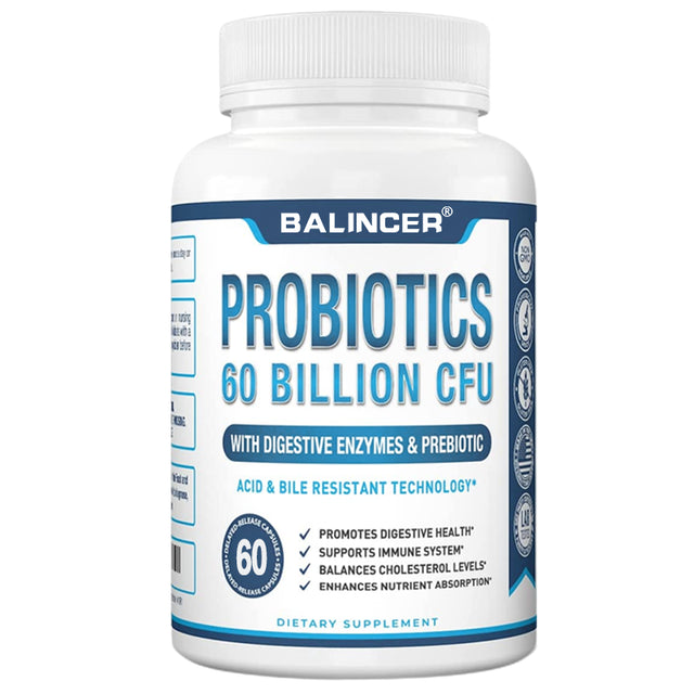 Balincer Premium Probiotics 60 Billion CFU Organic Prebiotics & Digestive Enzymes; Formulated Probiotics for Men & Women; Shelf Stable Acidophilus 30/60/120 Capsules-120Capsules