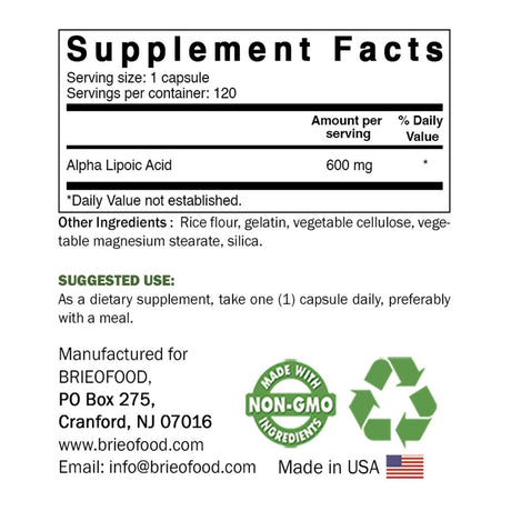 Brieofood Alpha Lipoic Acid 600 Mg 120 Capsules