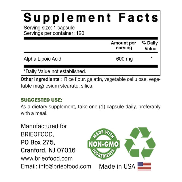 Brieofood Alpha Lipoic Acid 600 Mg 120 Capsules