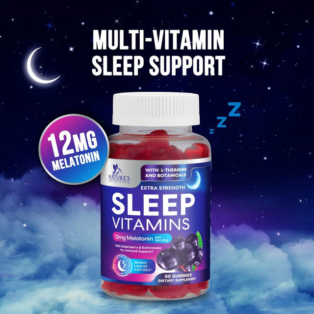 Sleep Vitamins - Fast Acting with 12Mg Melatonin - Best Non-Habit Forming Sleep Support Gummy Supplement - Includes Vitamins B6, C, D3, L-Theanine, Melatonin, Chamomile, & Zinc - 60 Gummies