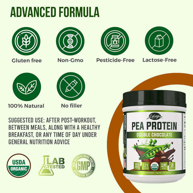 Flavored Organic Hydrolyzed Vegan Pea Protein Powder - All Natural Canada Grown Peas, Easy to Digest, Dairy Free, Gluten Free, Soy Free, Sugar Free, Non-Gmo with BCAA - Chocolate Flavor