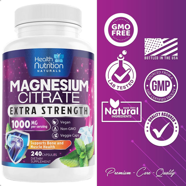 Magnesium Citrate Capsules 1000Mg - Max Absorption Magnesium Powder Capsules for Muscle, Nerve, Bone and Heart Health Support, High Absorption Citrate Complex, Gluten Free, Non-Gmo - 240 Capsules