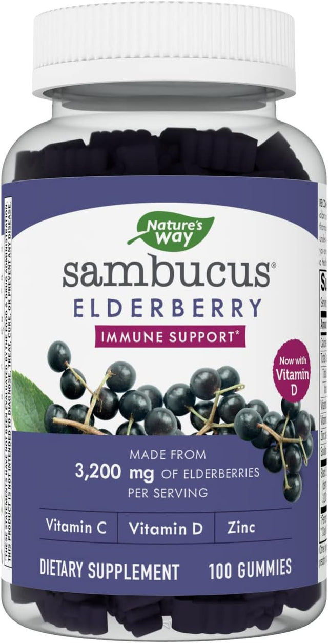 Nature'S Way Sambucus Elderberry Gummies - Immune Support Supplement for Kids & Adults* - with Vitamins C, D3, Zinc & Antioxidant Support* - Gluten Free & Vegetarian - 100 Gummies