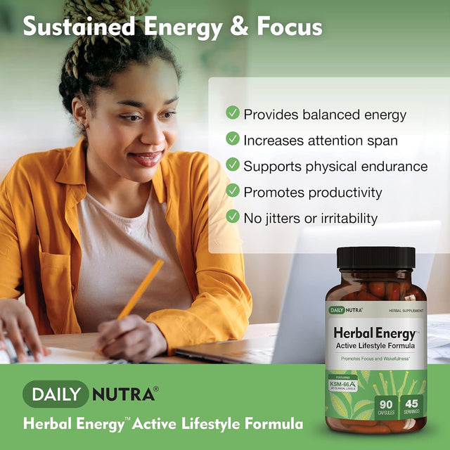 Herbal Energy - Sustained Energy & Focus Supplement with L-Theanine, Green Tea and Ashwagandha - Natural Caffeine Pills without Jitters (90 Capsules)