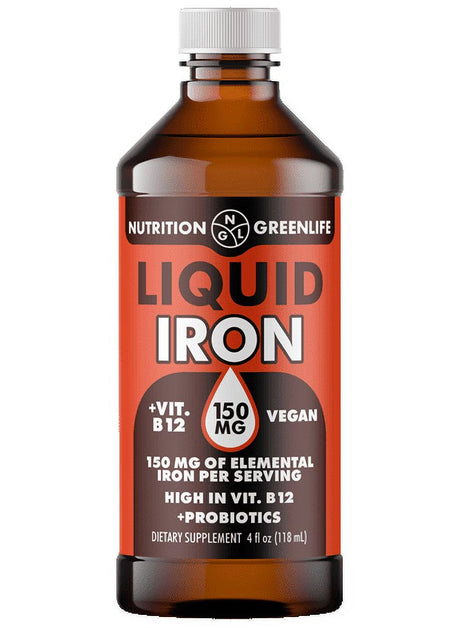 Liquid Iron Highest Concentration 150Mg Vegan + Vitamin B12, Folic Acid Supplement 4 Fl Oz (23 Servings)