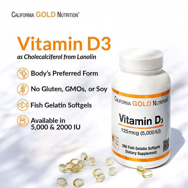 Vitamin D3 Supplement by California Gold Nutrition - Support for Healthy Bones & Teeth - Immune System Support - Gluten Free, Non-Gmo - 125 Mcg (5,000 IU) - 90 Fish Gelatin Softgels