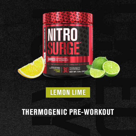 Jacked Factory NITROSURGE Shred Pre Workout Supplement - Energy Booster, Instant Strength Gains, Sharp Focus, Powerful Pumps - Nitric Oxide Booster & Preworkout Powder - 30Sv, Lemon Lime