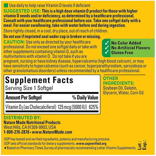 Nature Made Vitamins & Supplements D3 5,000 IU Softgels, Supports Bone, Teeth, Muscle & Immune Health 220 Ct, USP Verfified!