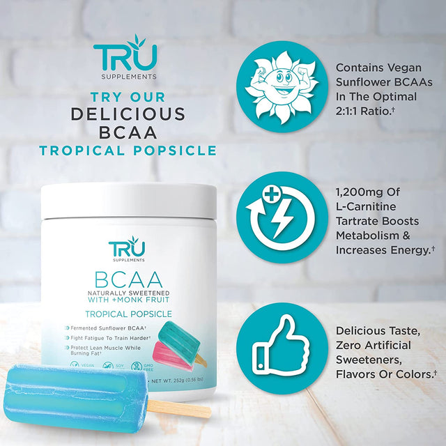 TRU BCAA, Plant Based Branched Chain Amino Acids, Vegan Friendly, Zero Calories, No Artificials Sweeteners or Dyes, 30 Servings, Tropical Popsicle