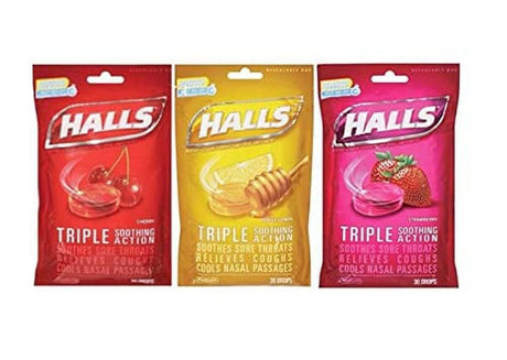 Halls Cough Drops Variety 3-Pack: Cherry, Strawberry & Honey Lemon (3 Packs, 30 Count Each, 90 Drops Total)