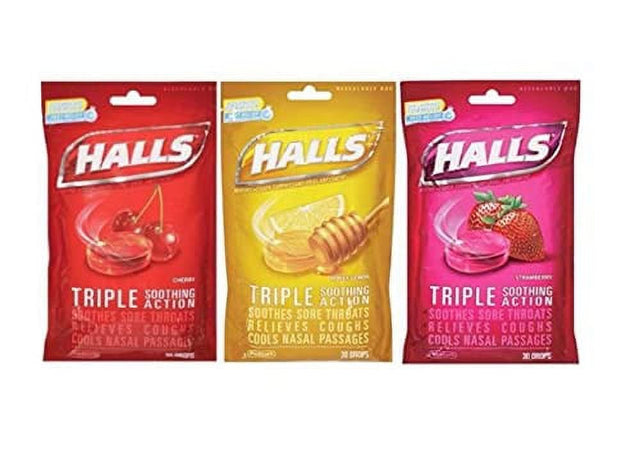 Halls Cough Drops Variety 3-Pack: Cherry, Strawberry & Honey Lemon (3 Packs, 30 Count Each, 90 Drops Total)