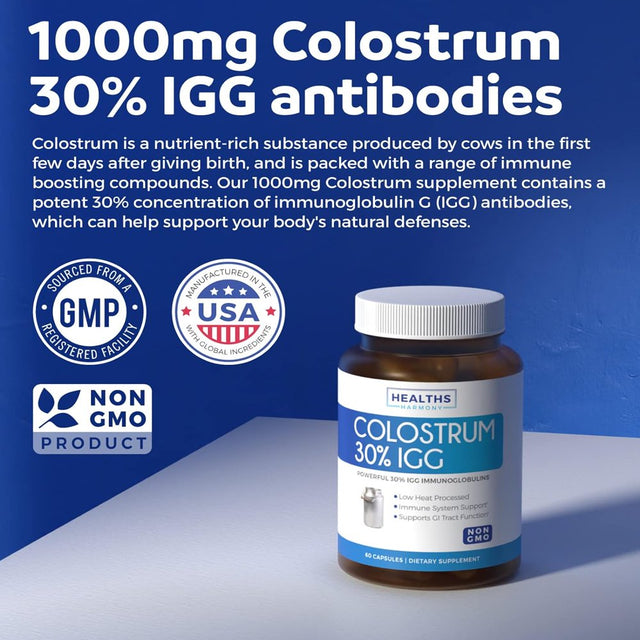 Healths Harmony Colostrum 1000Mg (Non-Gmo) 30% Igg Immunoglobulins - Immune System Support, Gut Health and Respiratory Health Supplement - Low Heat Processed Bovine Colostrum - 60 Capsules