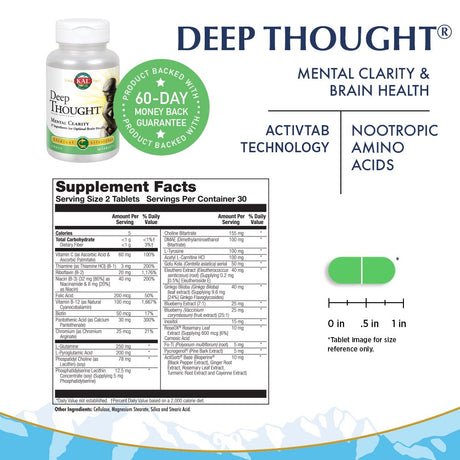 KAL Deep Thought Mental Clarity Formula for Optimal Brain Health | Nootropic Amino Acids, Herbs, Vitamins, Minerals & Antioxidants | 60 Tablets