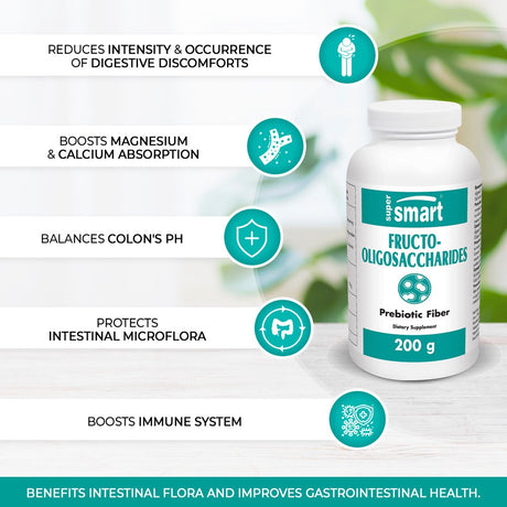 Supersmart - Fructo Oligosaccharides Powder (Prebiotic FOS) - Fiber Supplement - Oligofructose Inulin - Digestive Support & Gut Health | Non-Gmo & Gluten Free - 200 G