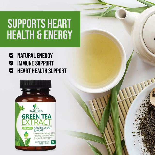 Green Tea Extract Capsules 1000Mg 98% Standardized EGCG - 3X Strength for Natural Energy - Heart Support with Polyphenols - Gentle Caffeine - 60 Capsules