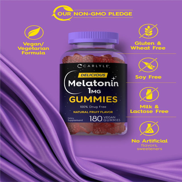 Melatonin 1Mg | 180 Vegan Gummies | Two Pack | Natural Berry Flavor | by Carlyle