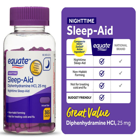 Equate Diphenhydramine HCI Nighttime Sleep-Aid Caplets, 25 Mg, 365 Count