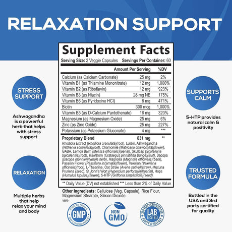 Nature'S Nutrition Calm & Stress Support Supplement - with Magnesium, Ashwagandha, 5-HTP, L-Theanine, GABA - Natural Stress & Immune Support to Relax, Focus, Unwind - Vegan & Non-Gmo - 120 Capsules