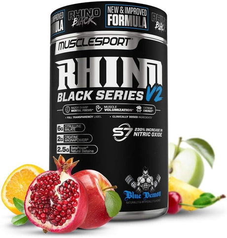 Rhino Black® Pre Workout V2 - Preworkout Powder Supplement for Men & Women - 460 Grams (Blue Demon, 20 Servings)