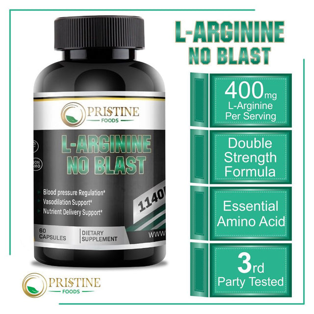 Pristine Foods L-Arginine No Blast - Extra Strength Alpha-Ketoglutarate & L-Citrulline - Muscle Builder, Pre Workout - 60 Capsules