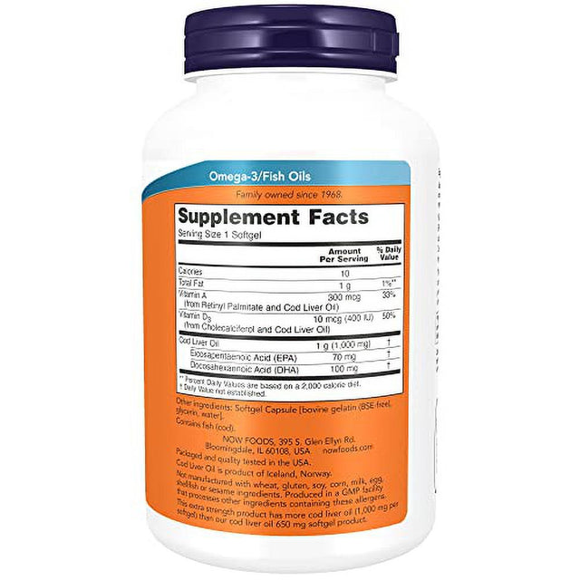 NOW Supplements, Cod Liver Oil, Extra Strength 1,000 Mg with Vitamins a & D-3, EPA, DHA, 180 Softgels