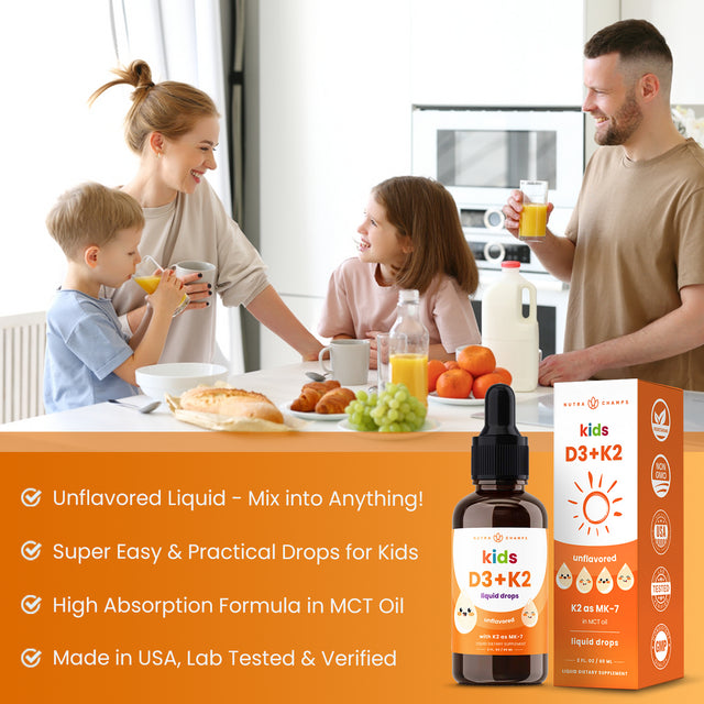 Nutrachamps Kids Vitamin D 3 K2 Drops | Vitamin D3 & K2 MK-7 | Liquid Vitamin D for Kids 1000 IU | Healthy Bones, Heart & Immune System | Sugar Free Supplement for Toddlers | Non-Gmo | 300 Servings