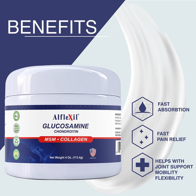 ALFLEXIL Glucosamine & Chondroitin Cream with MSM & Collagen for Joint Support, Bone Support - 4 Oz