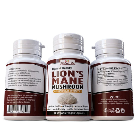 Lion'S Mane Mushroom Organic Herbal Supplement 60 Pills 500Mg Capsules