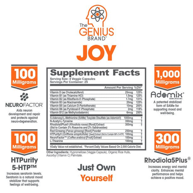 Mood Enhancing Brain Booster Supplement Vitamin-Rich Nootropic Anxiety Relief Support, Genius Joy by the Genius Brand