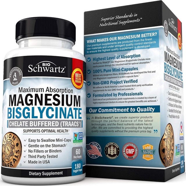 Bioschwartz Magnesium Bisglycinate 100% | Maximum Absorption | Health and Muscle Support | 180 Ct