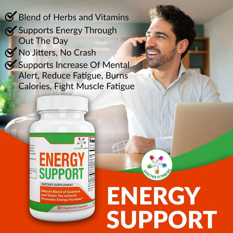 Natural Energy Support 30 Capsules - Guarana Capsules - Vitamin B12 - Guarana and Green Tea Extracts - Citrulline Energy Supplements with Natural Energy Booster