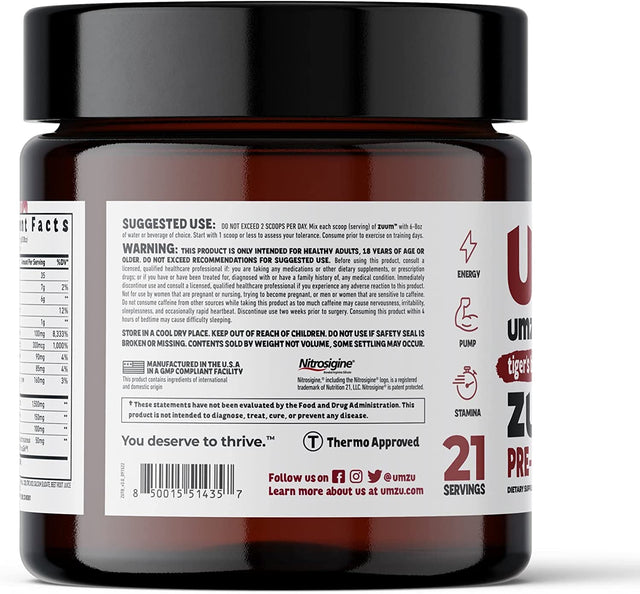 UMZU ZUUM Pre-Workout (Tiger'S Blood Flavor) - Support Energy, Pump & Stamina, Filler & Additives Free, Natural Caffeine and L-Theanine, Powder Form - 1 Scoop per Serving (21 Servings)