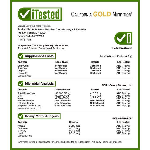 California Gold Nutrition Prebiotic Fiber plus Turmeric, Ginger, & Boswellia, 3 Packets, 0.22 Oz (6.3 G) Each