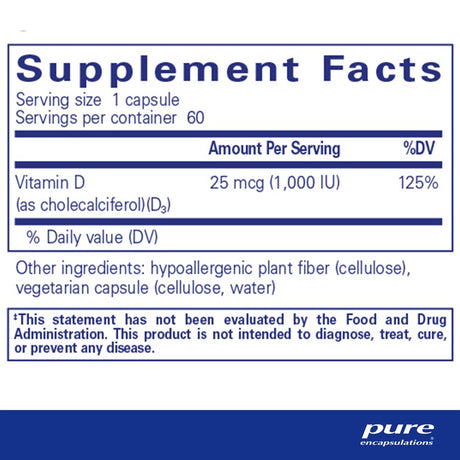 Pure Encapsulations Vitamin D3 25 Mcg (1,000 IU) | Supplement to Support Bone, Joint, Breast, Prostate, Heart, Colon and Immune Health* | 60 Capsules