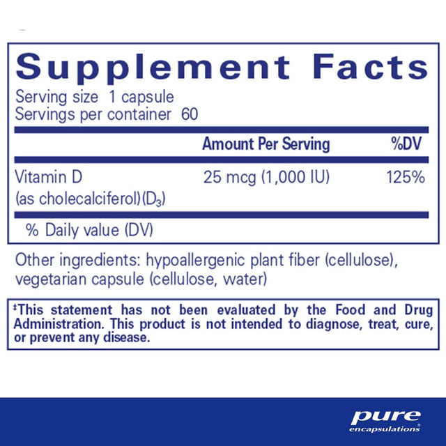 Pure Encapsulations Vitamin D3 25 Mcg (1,000 IU) | Supplement to Support Bone, Joint, Breast, Prostate, Heart, Colon and Immune Health* | 60 Capsules