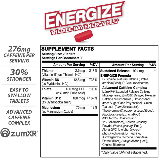 Energize Extra Strength Caffeine Pills, Fast Acting Long-Lasting Energy Pill with Extended Time Release Caffeine, Improved Clarity & Energy Support for Men & Women, No Jitters, No Crash (60 Tablets)