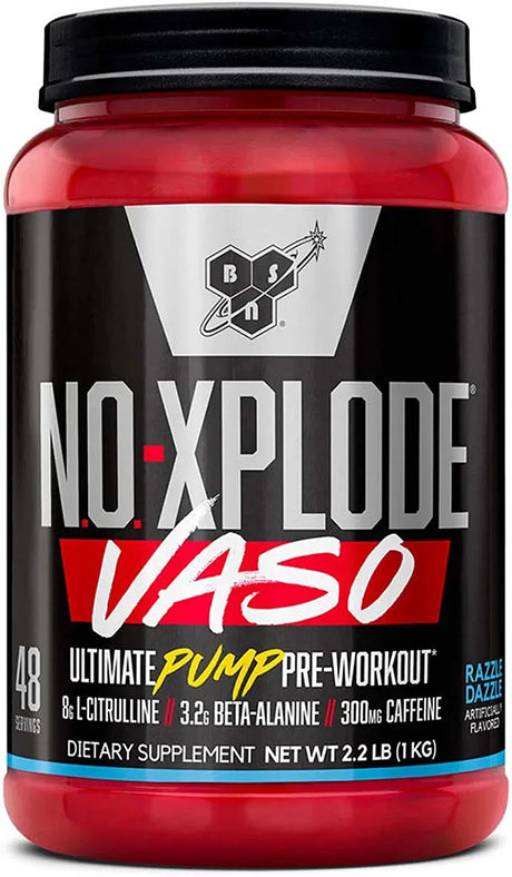 BSN N.O.-XPLODE Vaso Pre Workout Powder with 8G of L-Citrulline and 3.2G Beta-Alanine and Energy, Flavor: Razzle Dazzle, 48 Servings