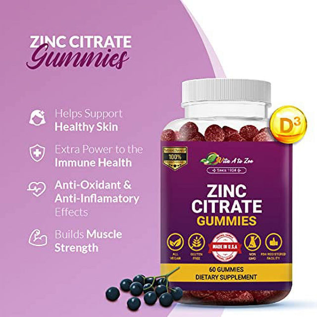 Vita a to Zee Zinc Citrate 60 Gummies Antioxidant Echinacea Immune Booster & Reduce Inflammation