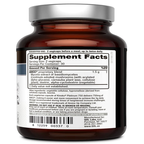 Premium Kinoko Platinum AHCC Supplement - 750Mg of AHCC per Capsule - Supports Immune Health, Liver Function, Maintains Natural Killer Cell Activity - 60 Veggie Capsules