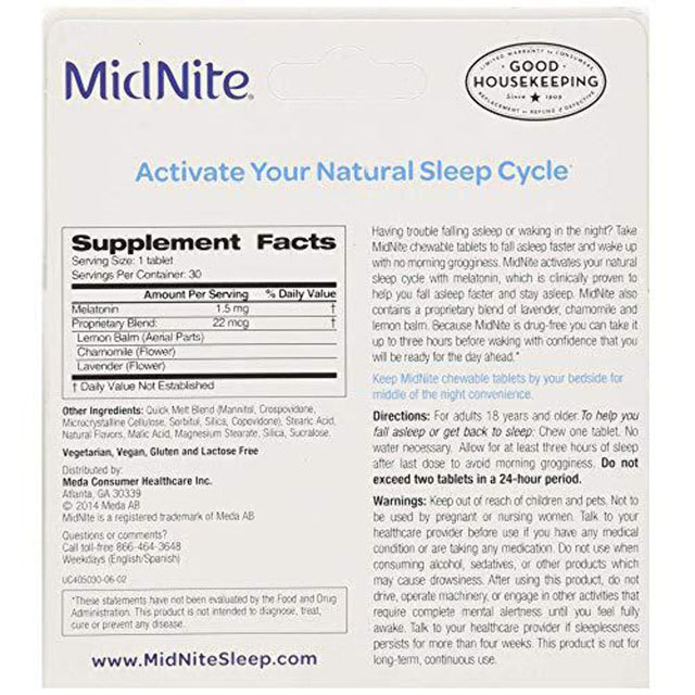 Midnite Drug-Free Sleep Aid Chewable Tablets, Cherry Flavor, 30 Ct