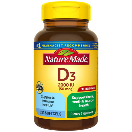 Nature Made Vitamin D3, 260 Softgels, Vitamin D 2000 IU (50 Mcg) Helps Support Immune Health, Strong Bones and Teeth, & Muscle Function, 250% of the Daily Value for Vitamin D- 2 Pack